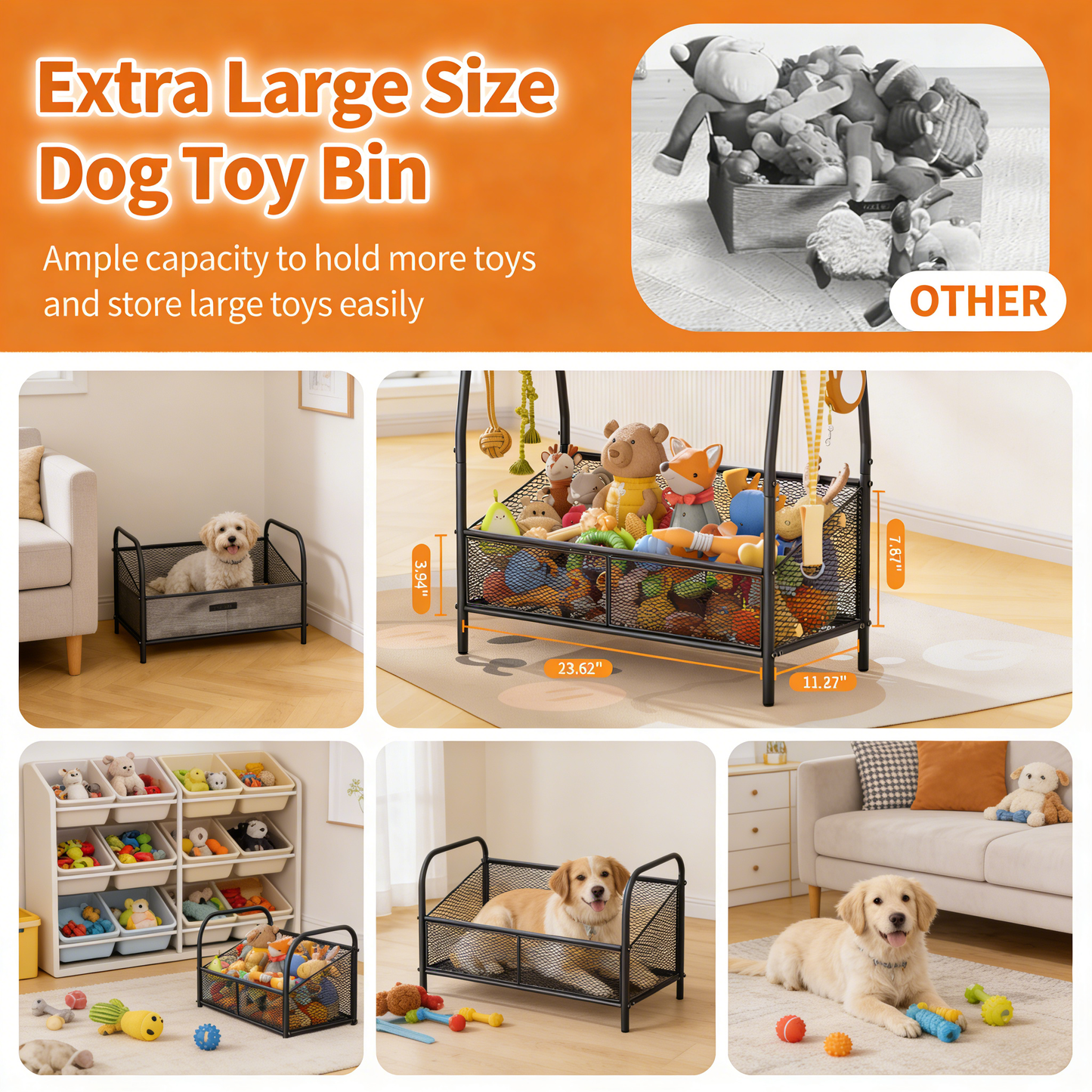 3-in-1 Dog Toy Storage Organizer with Hooks – Metal Pet Supply Shelf for Toys, Treats, Leashes & Collars