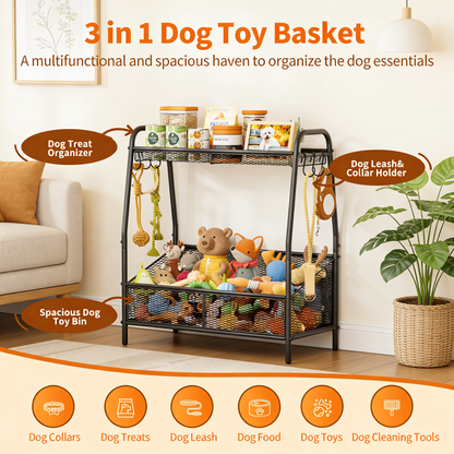 3-in-1 Dog Toy Storage Organizer with Hooks – Metal Pet Supply Shelf for Toys, Treats, Leashes & Collars