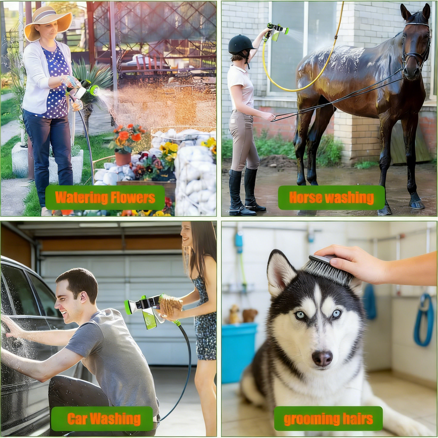 Multi-Functional Garden Hose Nozzle with Soap Dispenser & Pet Grooming Glove – 8 Spray Patterns for Washing, Watering & Pet Care