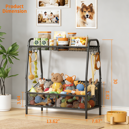3-in-1 Dog Toy Storage Organizer with Hooks – Metal Pet Supply Shelf for Toys, Treats, Leashes & Collars