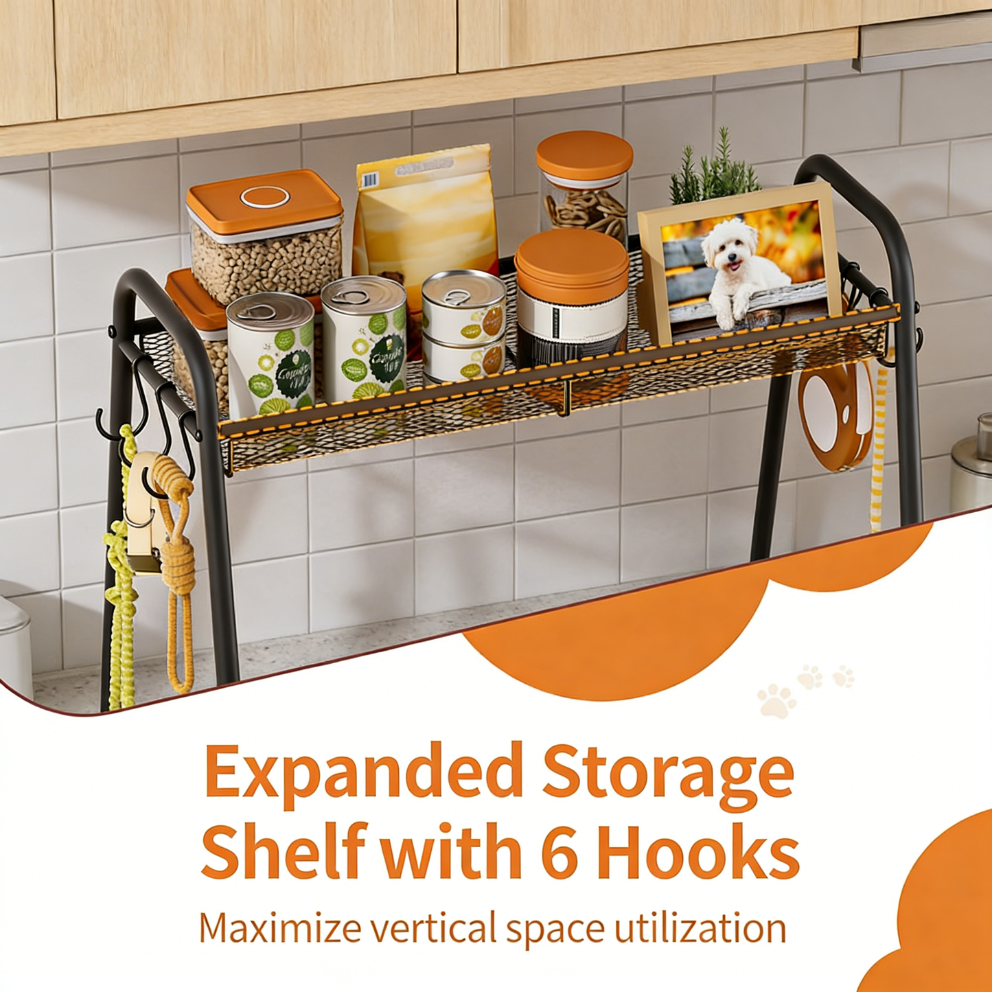 3-in-1 Dog Toy Storage Organizer with Hooks – Metal Pet Supply Shelf for Toys, Treats, Leashes & Collars