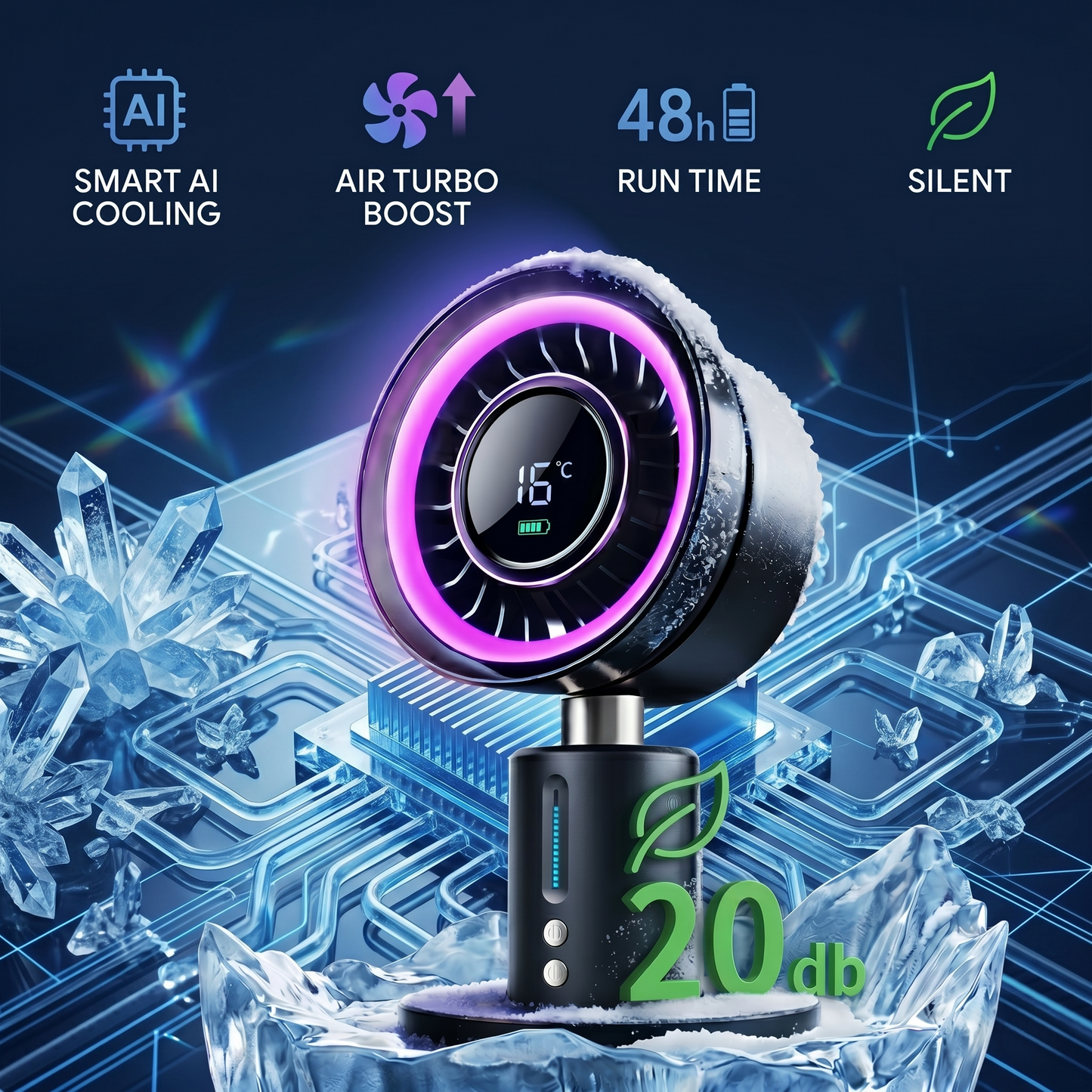 Smart AI Turbo Desk Fan with Active Ice-Cooling &amp; Ultra-Quiet Operation