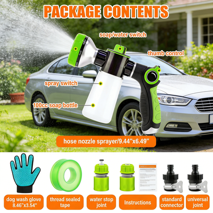Multi-Functional Garden Hose Nozzle with Soap Dispenser & Pet Grooming Glove – 8 Spray Patterns for Washing, Watering & Pet Care