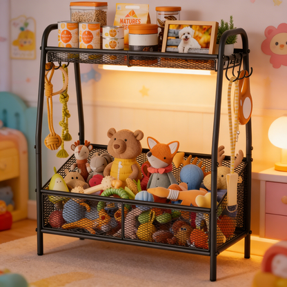 3-in-1 Dog Toy Storage Organizer with Hooks – Metal Pet Supply Shelf for Toys, Treats, Leashes & Collars