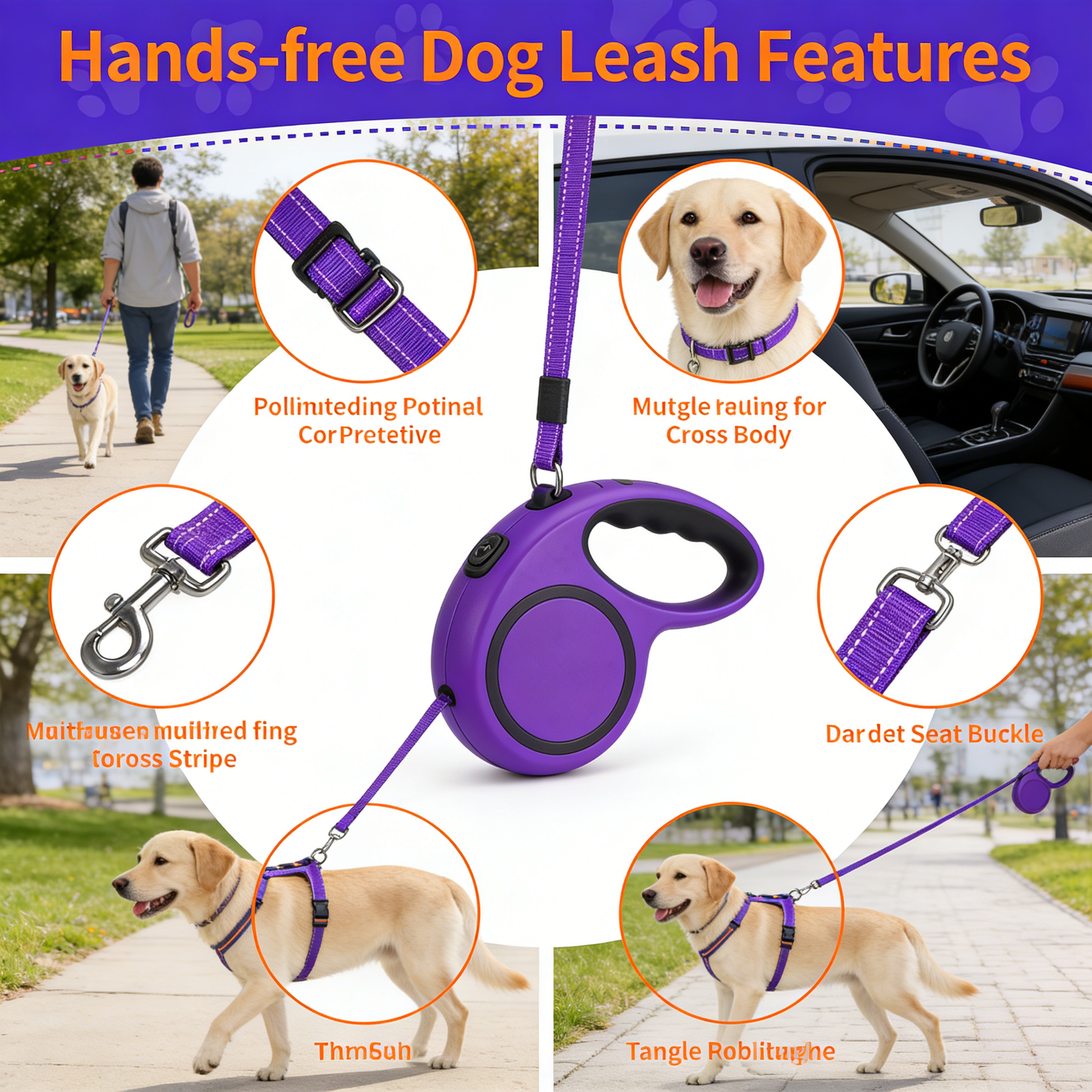 Hands-Free Adjustable Reflective Dog Leash for Large Dogs Over 30 Pounds