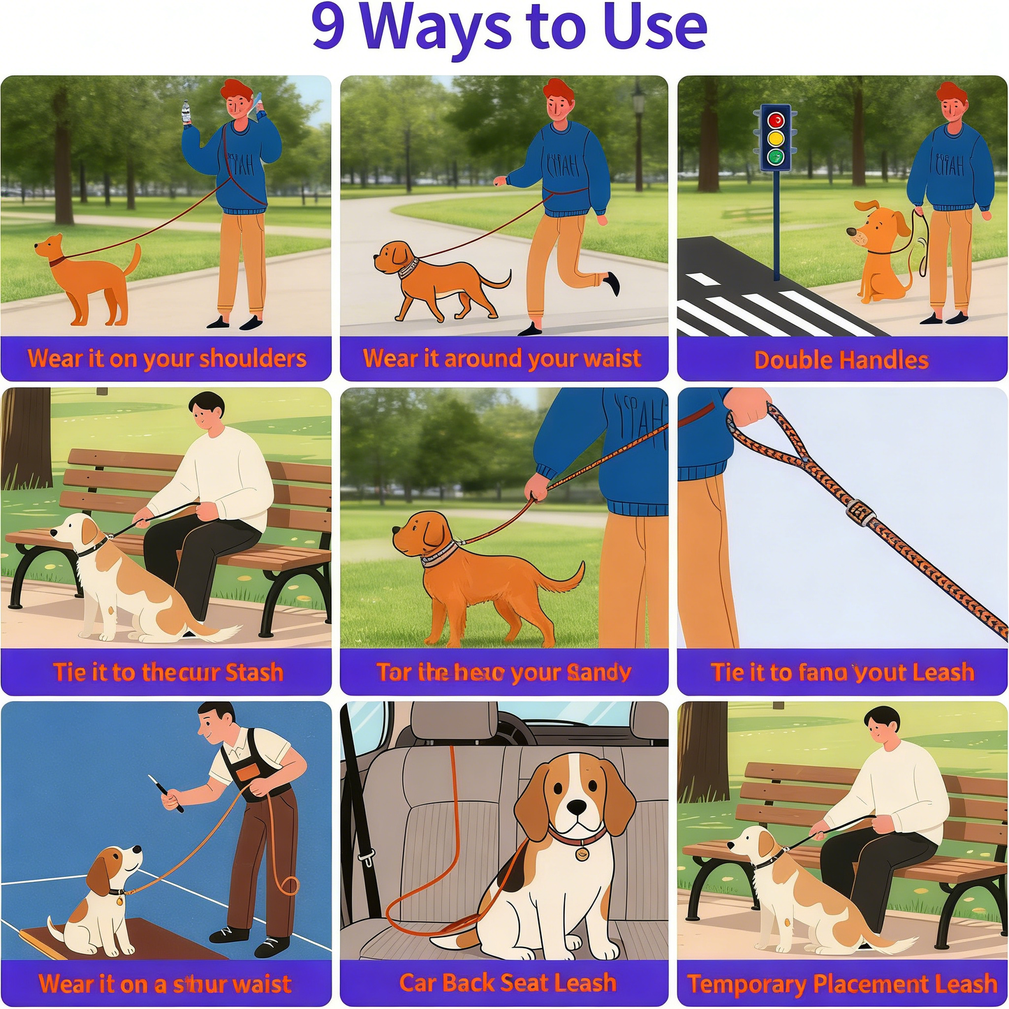 Hands-Free Adjustable Reflective Dog Leash for Large Dogs Over 30 Pounds