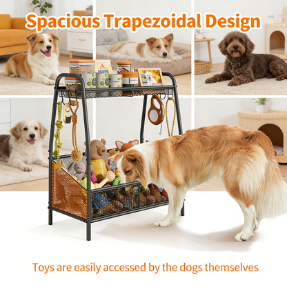 3-in-1 Dog Toy Storage Organizer with Hooks – Metal Pet Supply Shelf for Toys, Treats, Leashes & Collars