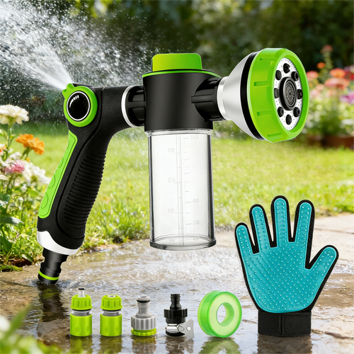 Multi-Functional Garden Hose Nozzle with Soap Dispenser & Pet Grooming Glove – 8 Spray Patterns for Washing, Watering & Pet Care