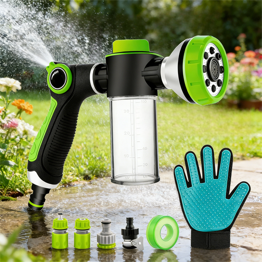 Multi-Functional Garden Hose Nozzle with Soap Dispenser & Pet Grooming Glove – 8 Spray Patterns for Washing, Watering & Pet Care